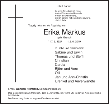 Traueranzeige von Erika Markus von Siegener Zeitung
