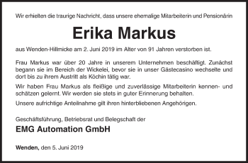 Traueranzeige von Erika Markus von Siegener Zeitung