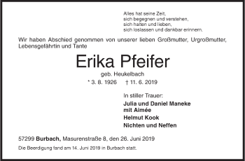Traueranzeige von Erika Pfeifer von Siegener Zeitung