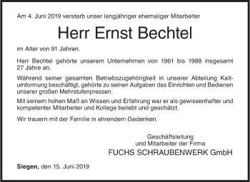 Traueranzeige von Ernst Bechtel von Siegener Zeitung