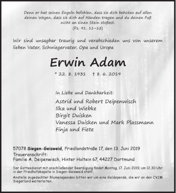 Traueranzeige von Erwin Adam von Siegener Zeitung