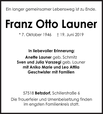 Traueranzeige von Franz Otto Launer von Siegener Zeitung
