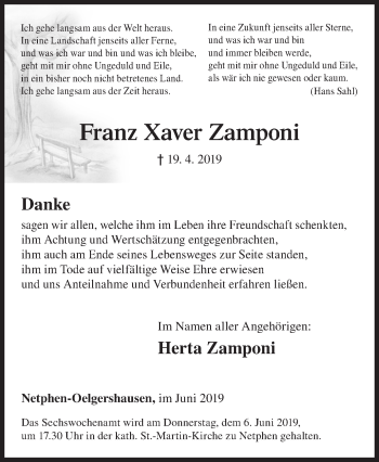 Traueranzeige von Franz Xaver Zamponi von Siegener Zeitung