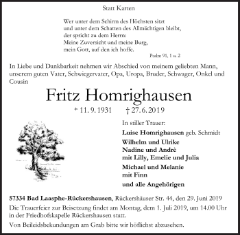 Traueranzeige von Fritz Homrighausen von Siegener Zeitung