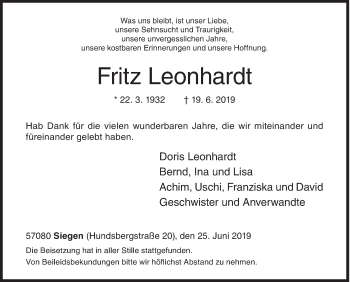 Traueranzeige von Fritz Leonhardt von Siegener Zeitung
