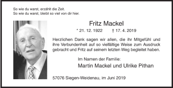 Traueranzeige von Fritz Mackel von Siegener Zeitung