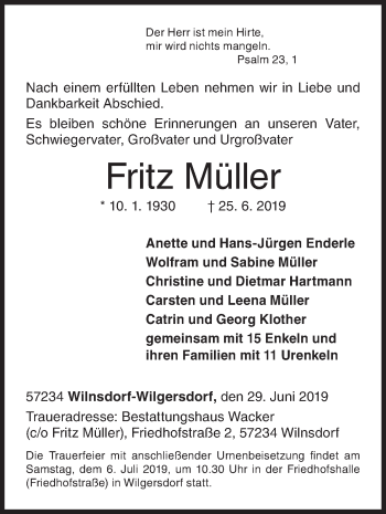 Traueranzeige von Fritz Müller von Siegener Zeitung