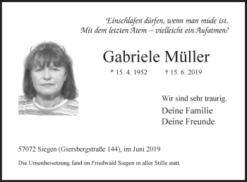 Traueranzeige von Gabriele Müller von Siegener Zeitung