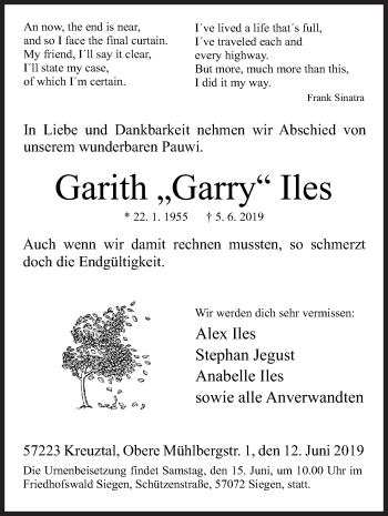 Traueranzeige von Garith Garry Iles von Siegener Zeitung