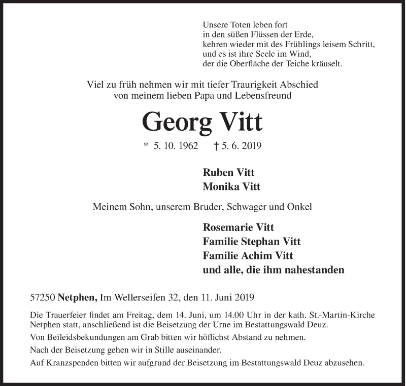  Traueranzeige für Georg Vitt vom 11.06.2019 aus Siegener Zeitung