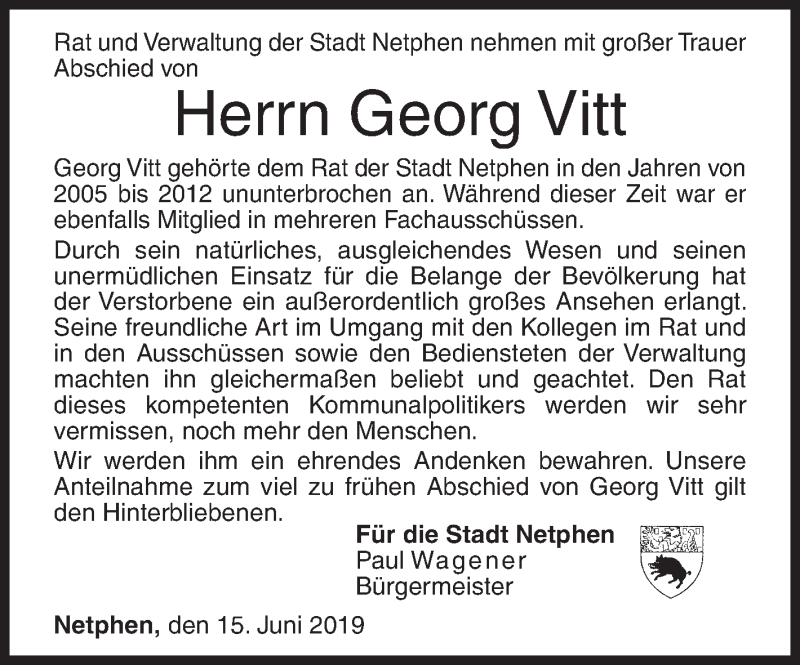  Traueranzeige für Georg Vitt vom 15.06.2019 aus Siegener Zeitung