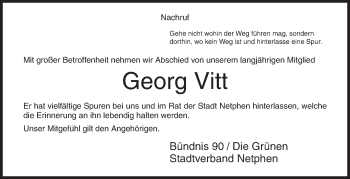 Traueranzeige von Georg Vitt von Siegener Zeitung