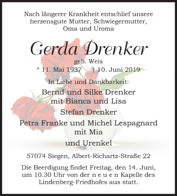 Traueranzeige von Gerda Drenker von Siegener Zeitung