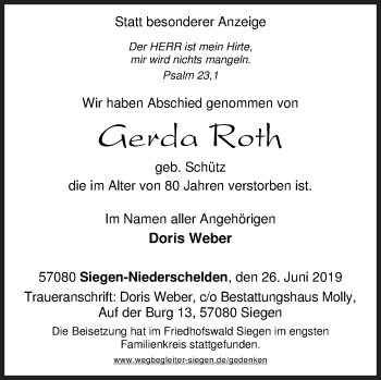 Traueranzeige von Gerda Roth von Siegener Zeitung