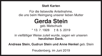 Traueranzeige von Gerda Stein von Siegener Zeitung