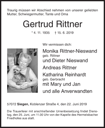 Traueranzeige von Gertrud Rittner von Siegener Zeitung