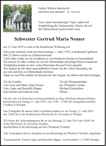 Traueranzeige von Gertrud Maria Neuser von Siegener Zeitung