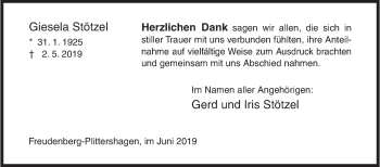 Traueranzeige von Giesela Stötzel von Siegener Zeitung