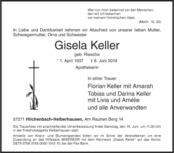 Traueranzeige von Gisela Keller von Siegener Zeitung