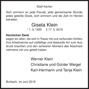 Traueranzeige von Gisela Klein von Siegener Zeitung
