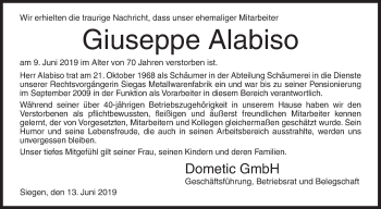Traueranzeige von Giuseppe Alabiso von Siegener Zeitung