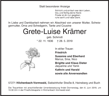 Traueranzeige von Grete-Luise Krämer von Siegener Zeitung