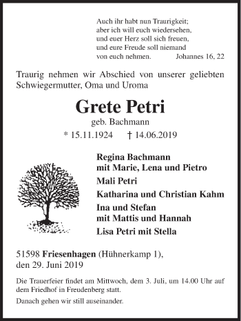 Traueranzeige von Grete Petri von Siegener Zeitung