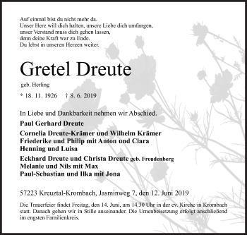 Traueranzeige von Gretel Dreute von Siegener Zeitung