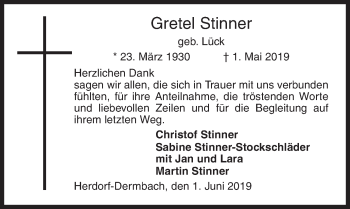 Traueranzeige von Gretel Stinner von Siegener Zeitung