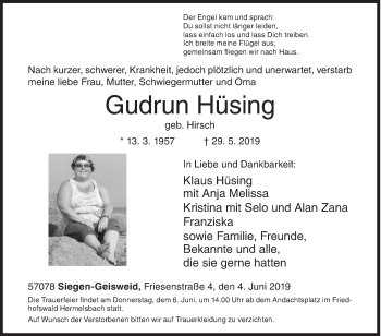 Traueranzeige von Gudrun Hüsing von Siegener Zeitung