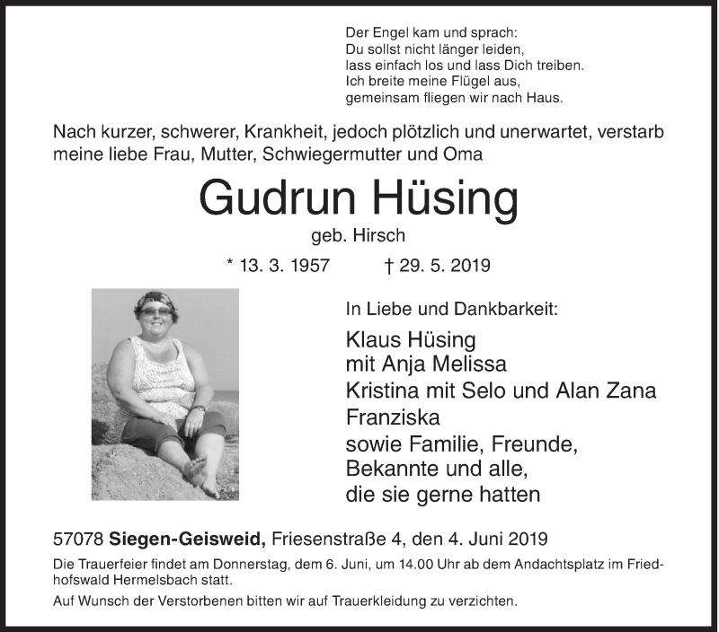  Traueranzeige für Gudrun Hüsing vom 04.06.2019 aus Siegener Zeitung