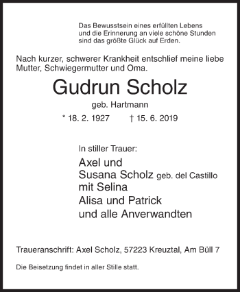 Traueranzeige von Gudrun Scholz von Siegener Zeitung