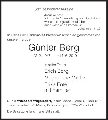 Traueranzeige von Günter Berg von Siegener Zeitung