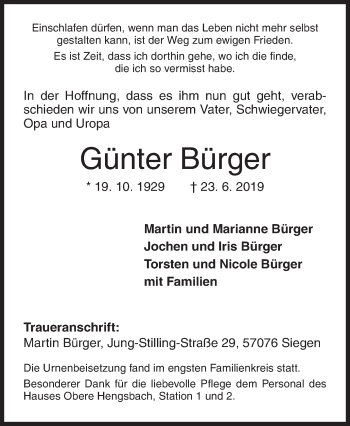 Traueranzeige von Günter Bürger von Siegener Zeitung