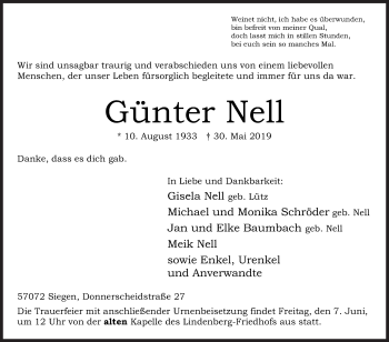 Traueranzeige von Günter Nell von Siegener Zeitung