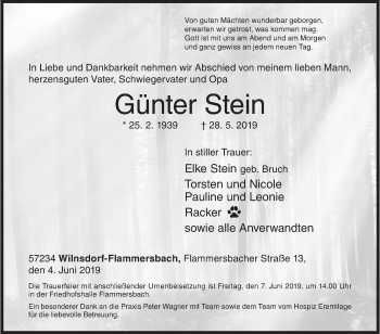 Traueranzeige von Günter Stein von Siegener Zeitung