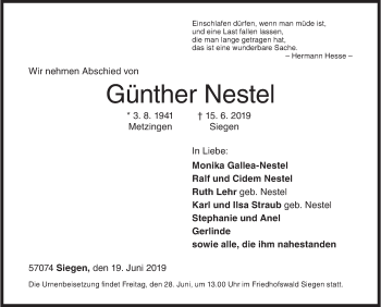 Traueranzeige von Günther Nestel von Siegener Zeitung