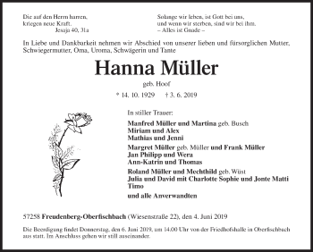 Traueranzeige von Hanna Müller von Siegener Zeitung