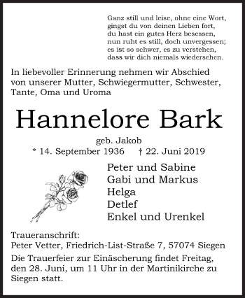 Traueranzeige von Hannelore Bark von Siegener Zeitung