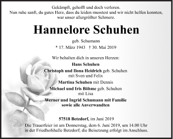 Traueranzeige von Hannelore Schuhen von Siegener Zeitung