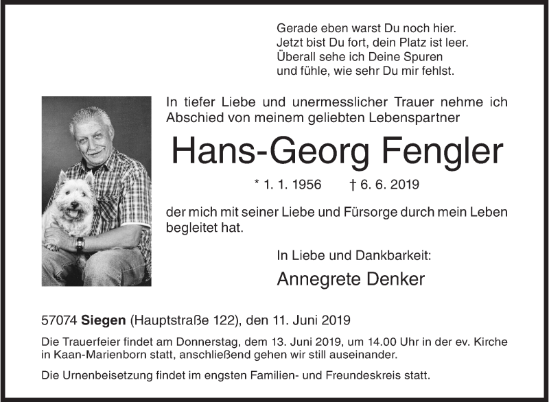  Traueranzeige für Hans-Georg Fengler vom 11.06.2019 aus Siegener Zeitung
