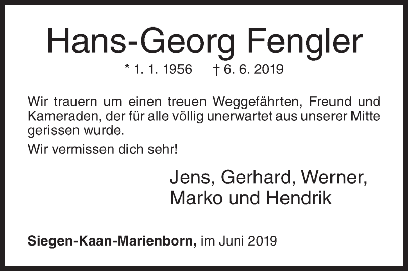  Traueranzeige für Hans-Georg Fengler vom 21.06.2019 aus Siegener Zeitung