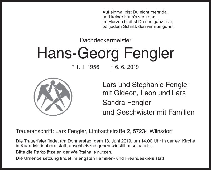  Traueranzeige für Hans-Georg Fengler vom 11.06.2019 aus Siegener Zeitung