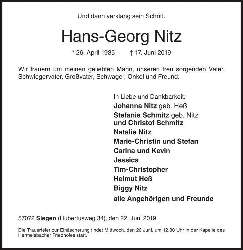  Traueranzeige für Hans-Georg Nitz vom 22.06.2019 aus Siegener Zeitung