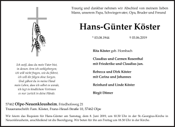 Traueranzeige von Hans-Günter Köster von Siegener Zeitung