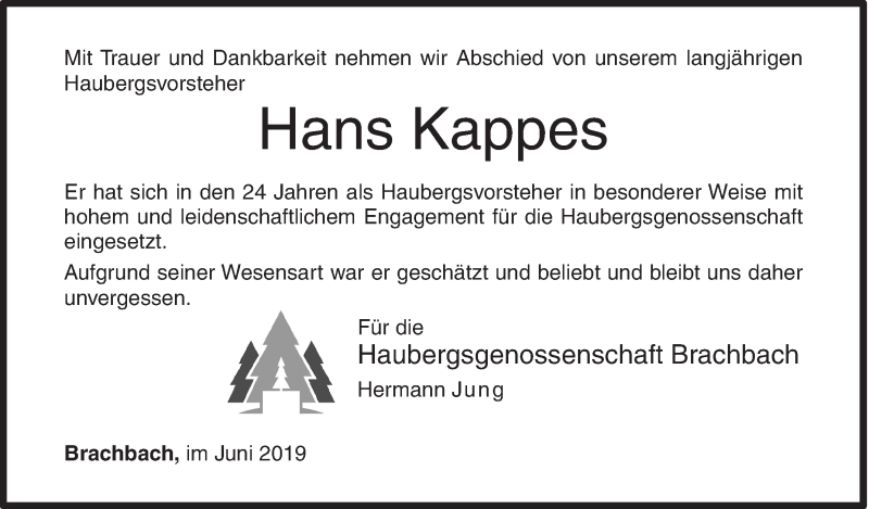  Traueranzeige für Hans Kappes vom 01.06.2019 aus Siegener Zeitung