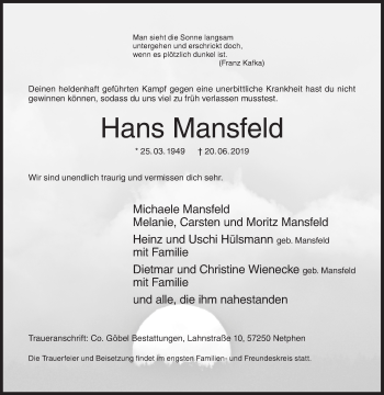 Traueranzeige von Hans Mansfeld von Siegener Zeitung