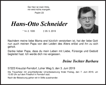 Traueranzeige von Hans-Otto Schneider von Siegener Zeitung