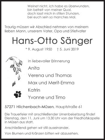 Traueranzeige von Hans-Otto Sänger von Siegener Zeitung
