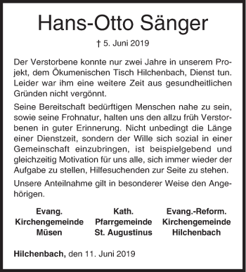 Traueranzeige von Hans-Otto Sänger von Siegener Zeitung